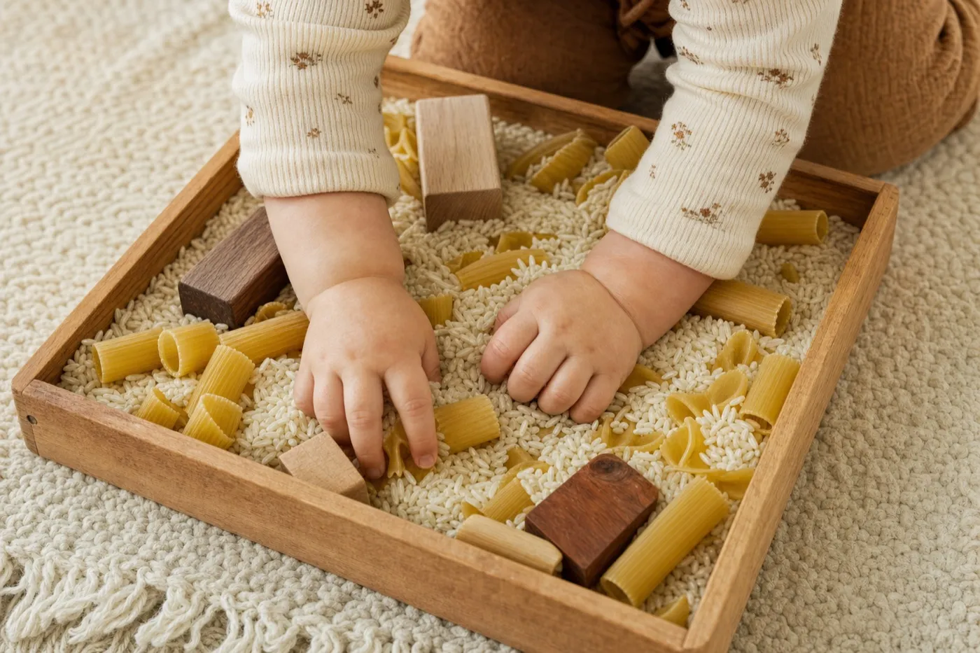 Mãos de bebê explorando uma bandeja sensorial